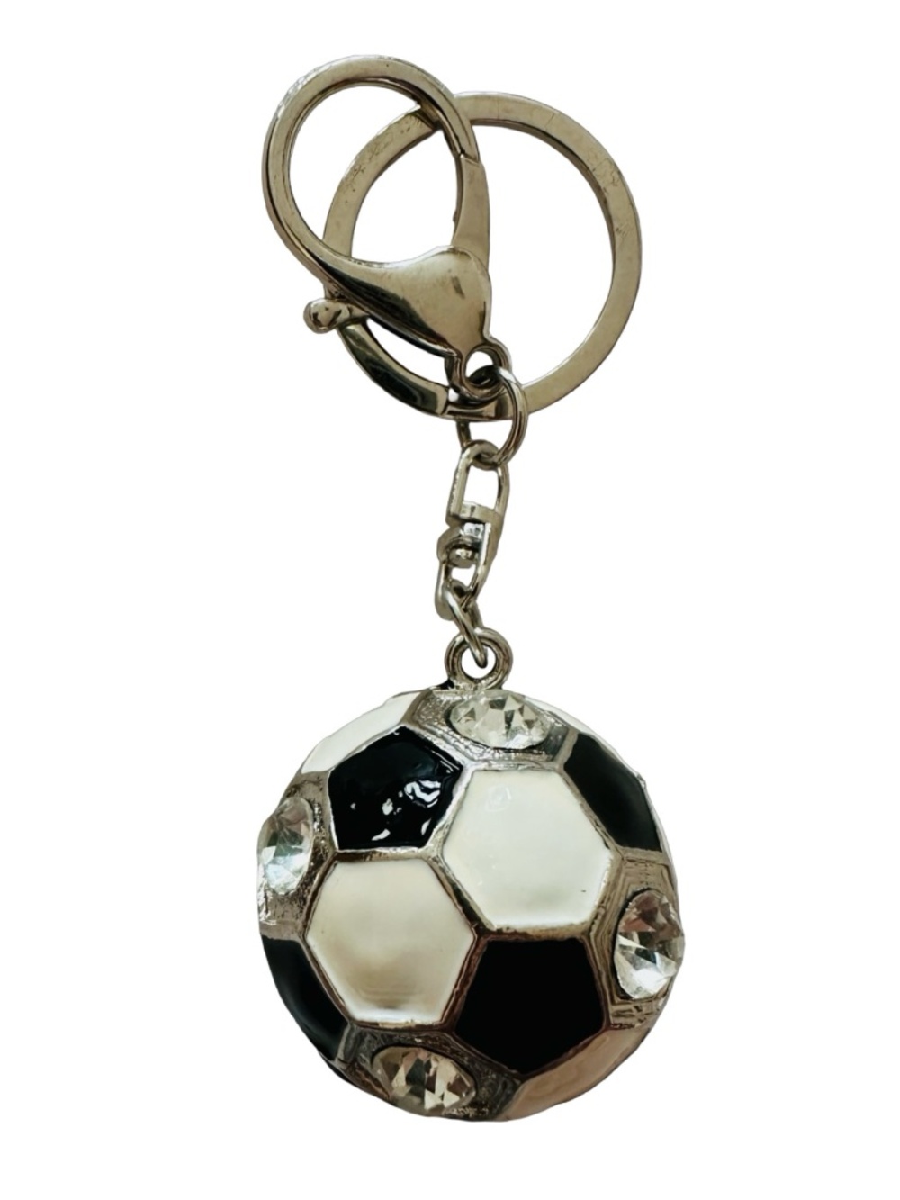 Silver-tone Zinc Alloy Soccer Ball Keychain Purse Charm 6” Black & White Enamel